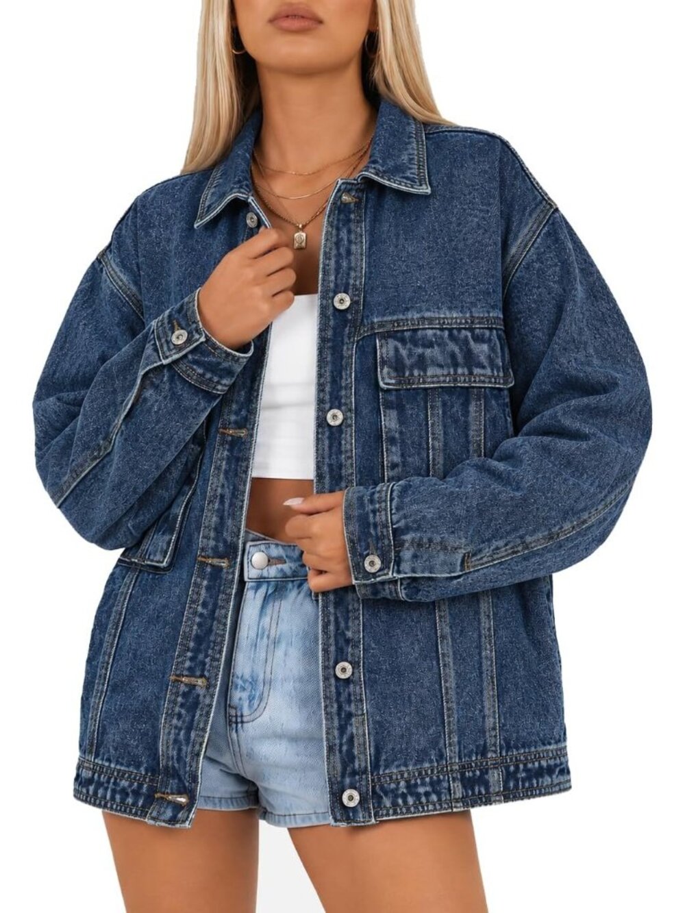 Women's Blue Classic Oversized Jean Jacket Boyfriend Denim Coat with Pockets